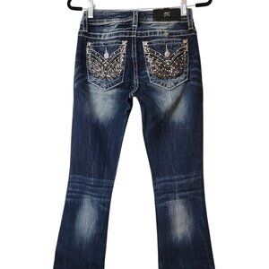 Like New MISS ME Dark Wash Wing Design Jeweled Pocket Boot Cut Jeans 25X31.5